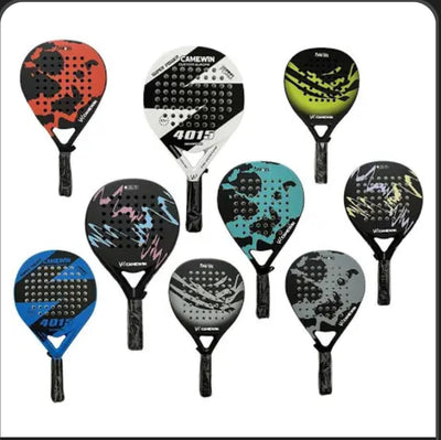 Collection of colorful Camewin Padel Rackets with various designs for competitive play