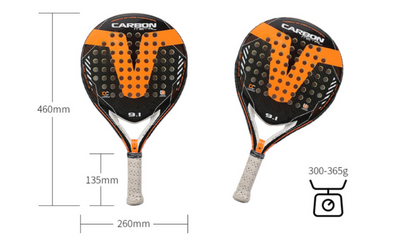 Aerostrike Padel Racket with carbon frame, lightweight 300-365g, aerodynamic design for power and control, dimensions 460mm x 260mm x 135mm.