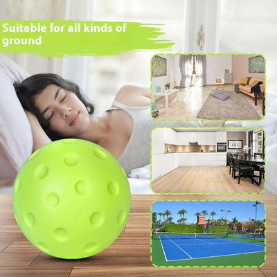 Silenced pickleball ball in bright green with images of indoor and outdoor play areas showcasing noise-free use.